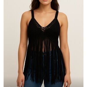 STARING AT STARS S Top Urban Outfitter UO Black Sleeveless Crochet Fringe Boho